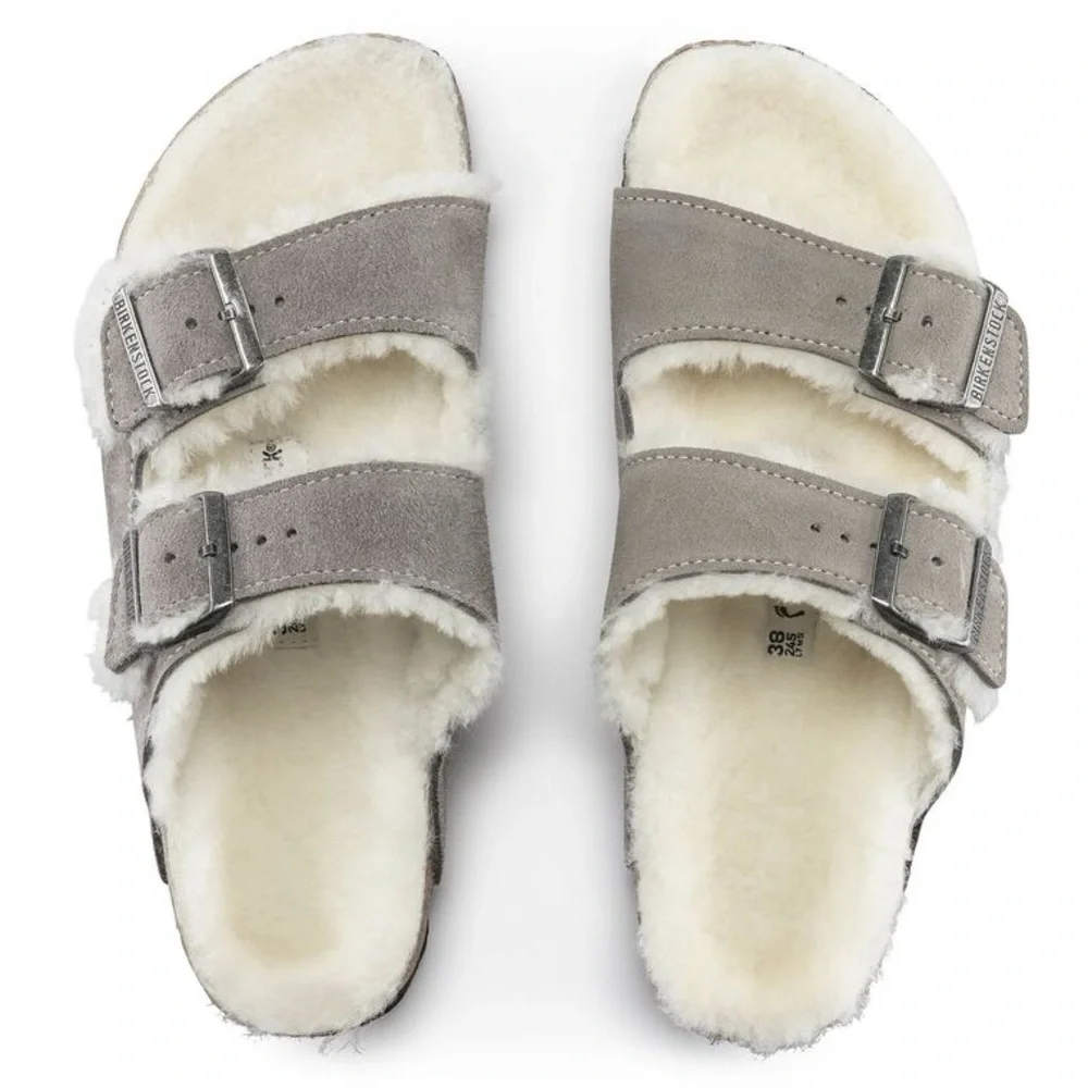 Birkenstock Arizona Shearling Suede Leather Stone Iron Sandals Sz. 44 US 11-11.5